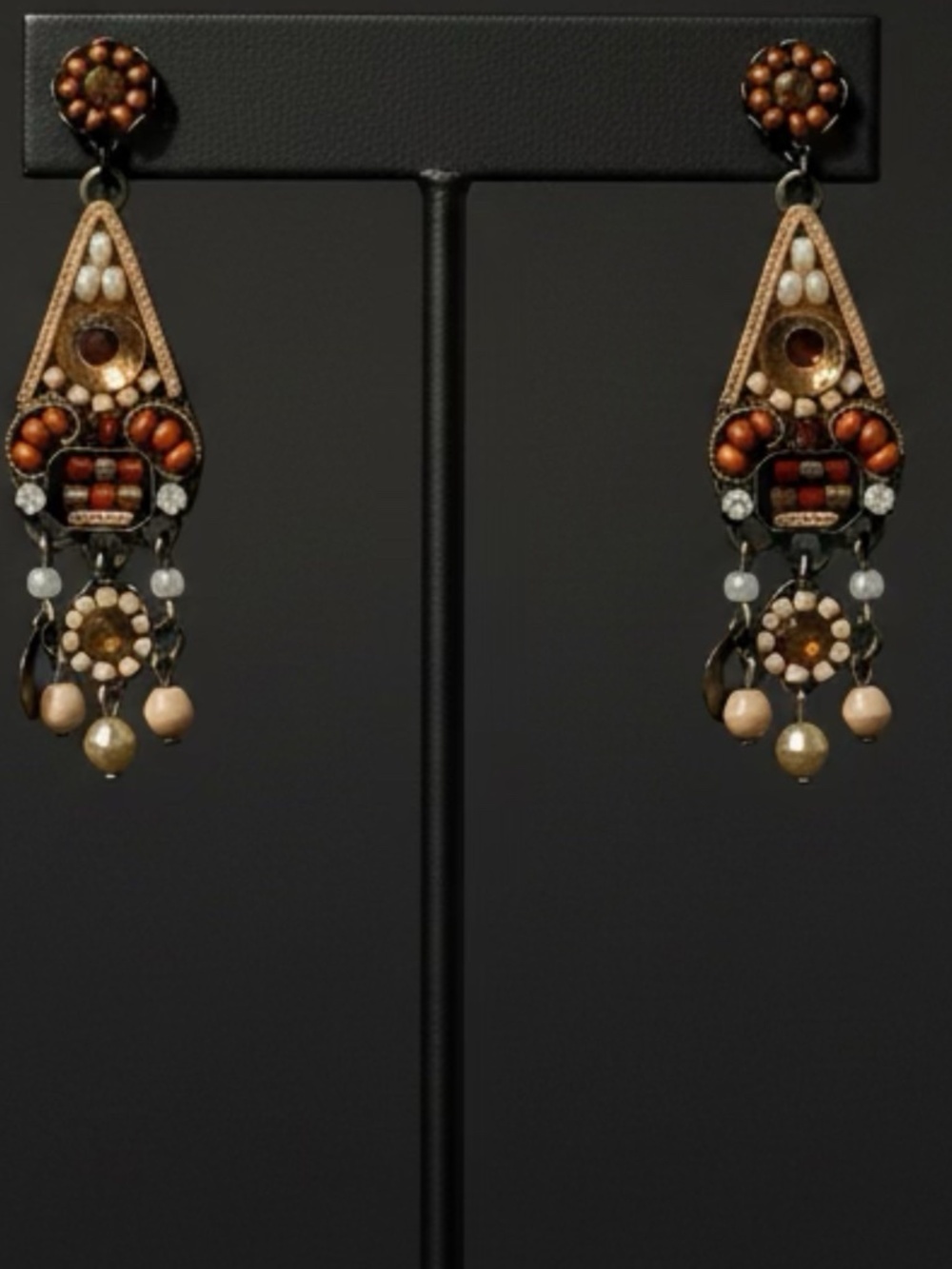 Ayala Bar Brown Dangle Earrings Mosaic and Rhinestone Earth Tones Boho Artisan - Picture 5 of 6